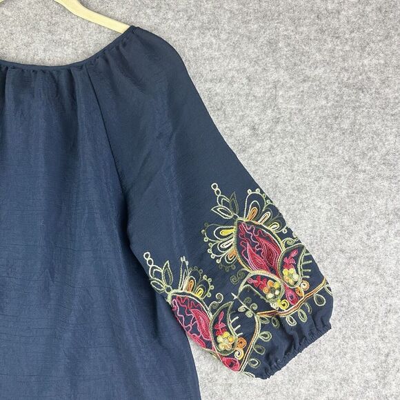 Olivia & Martin Woven Top Womens M Blue Embroidered Sleeves Boho Pullover Blouse - Picture 8 of 12